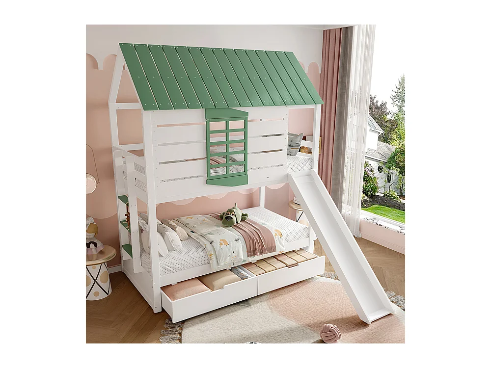 Lit mezzanine avec toboggan pour enfants, 90x200cm, blanc+vert.