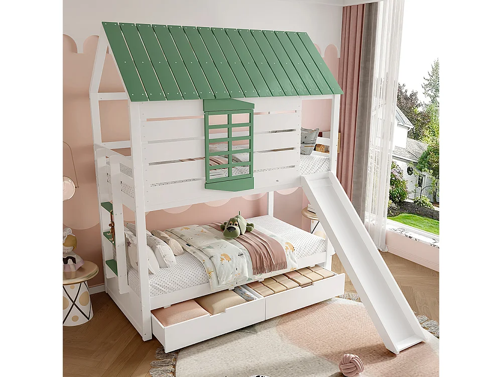 Letto a castello con scivolo per bambini, 90x200cm, bianco+verde.
