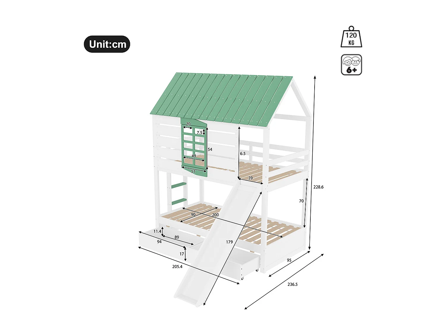Letto a castello con scivolo per bambini, 90x200cm, bianco+verde.