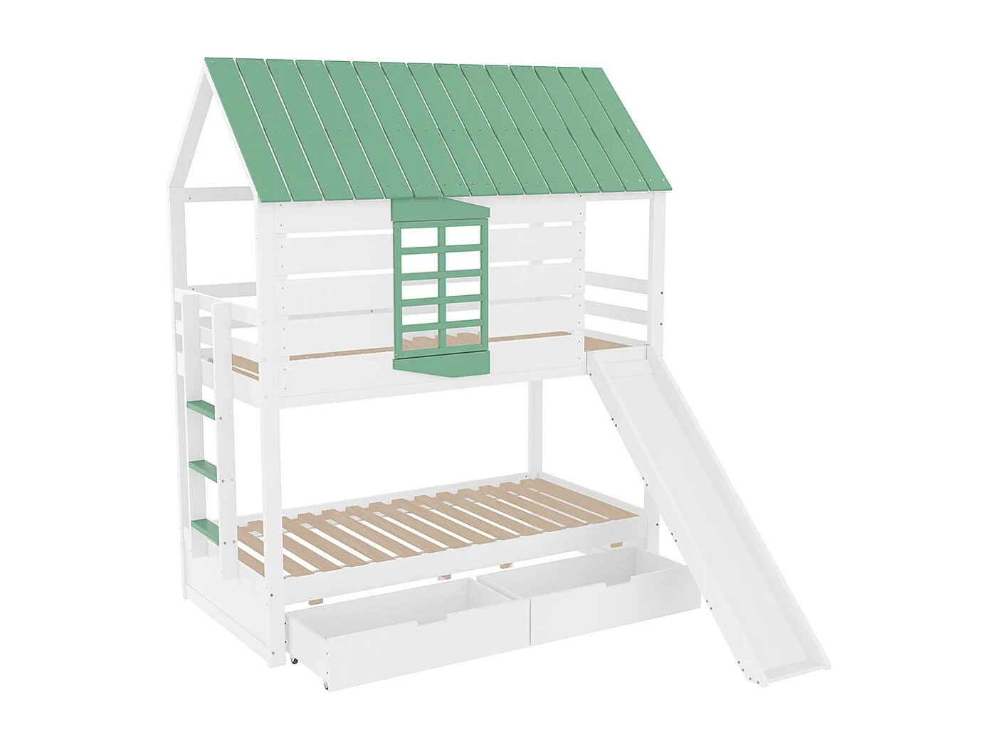 Letto a castello con scivolo per bambini, 90x200cm, bianco+verde.