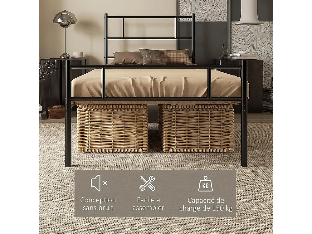 Cadre de lit 90 x 190 cm, sommier en acier, avec tête et pied de lit, espace de rangement sous le lit,noir