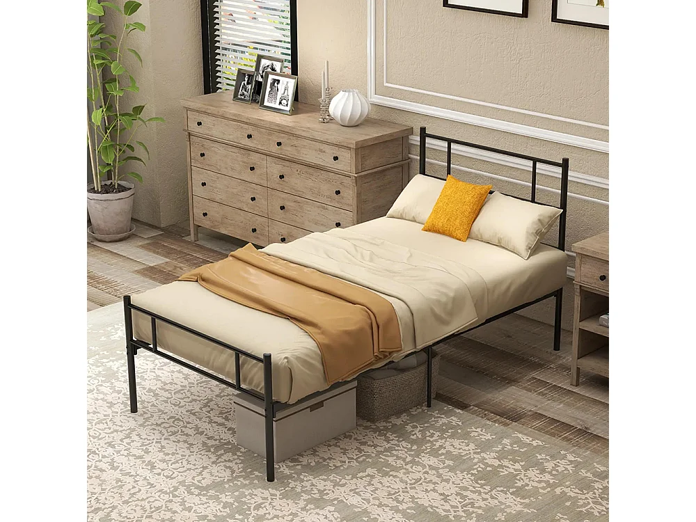 Cadre de lit 90 x 190 cm, sommier en acier, avec tête et pied de lit, espace de rangement sous le lit,noir