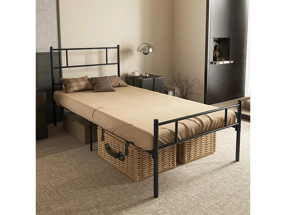 Cadre de lit 90 x 190 cm, sommier en acier, avec tête et pied de lit, espace de rangement sous le lit,noir