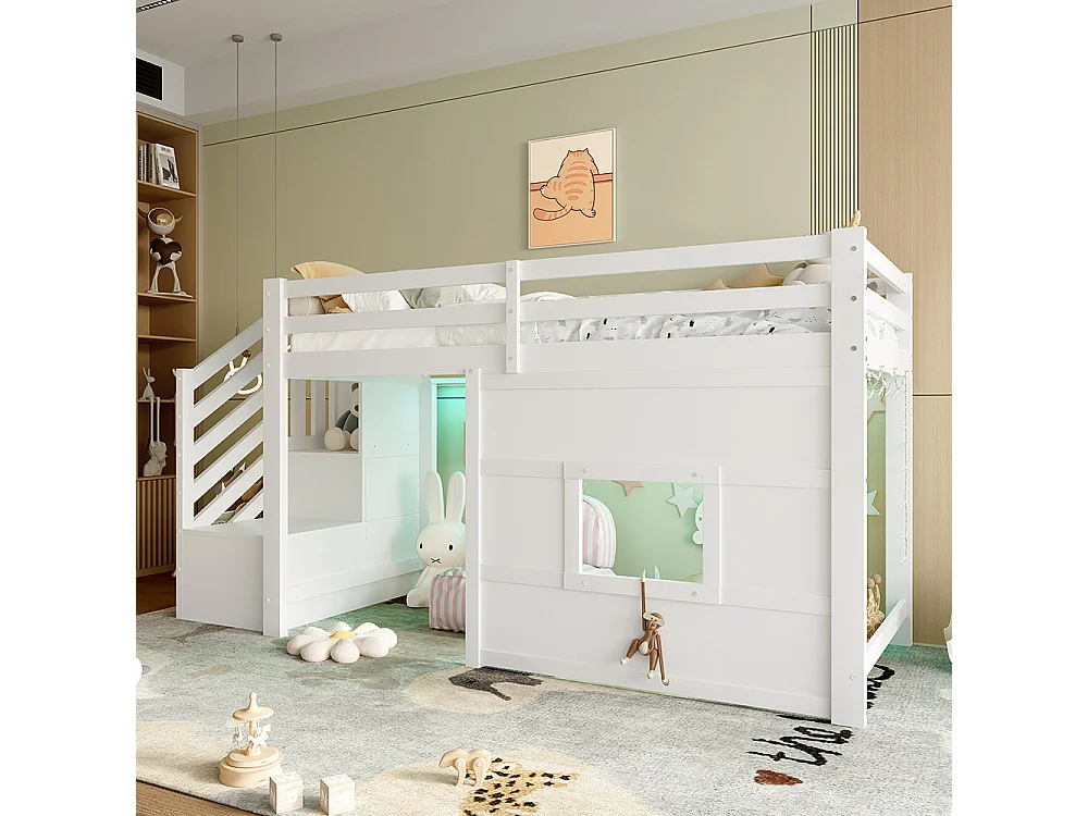 Lit mezzanine avec rangement, 90x200cm, blanc.