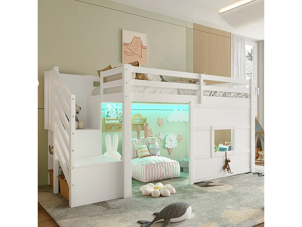 Lit mezzanine avec rangement, 90x200cm, blanc.