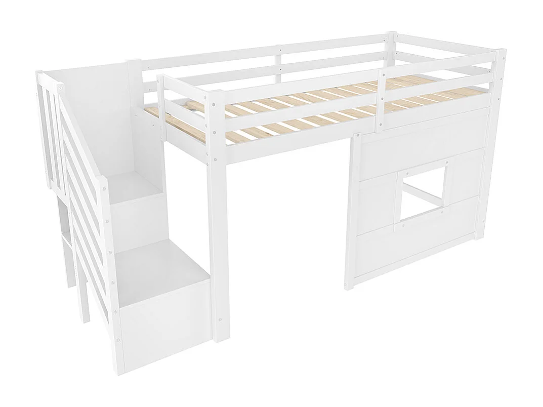 Lit mezzanine avec rangement, 90x200cm, blanc.