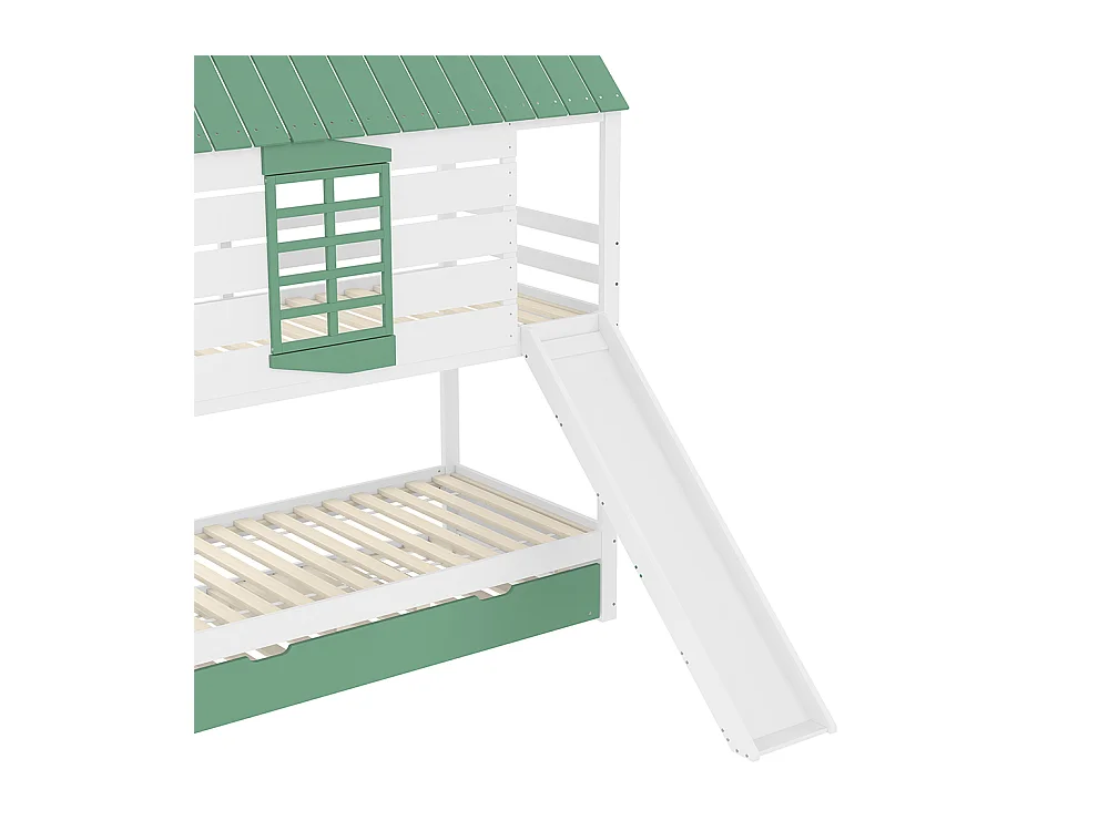 Hochbett mit Rutsche für Kinder, 90x201cm, weiß+grün.