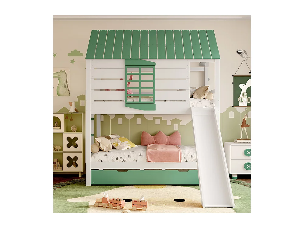 Lit mezzanine avec toboggan pour enfants, 90x200cm, blanc+vert.