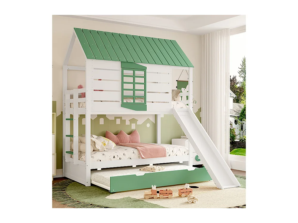 Lit mezzanine avec toboggan pour enfants, 90x200cm, blanc+vert.