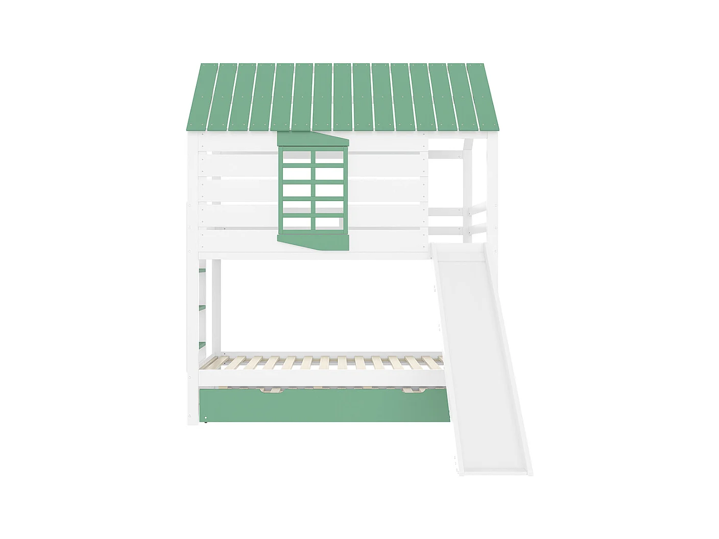 Lit mezzanine avec toboggan pour enfants, 90x200cm, blanc+vert.