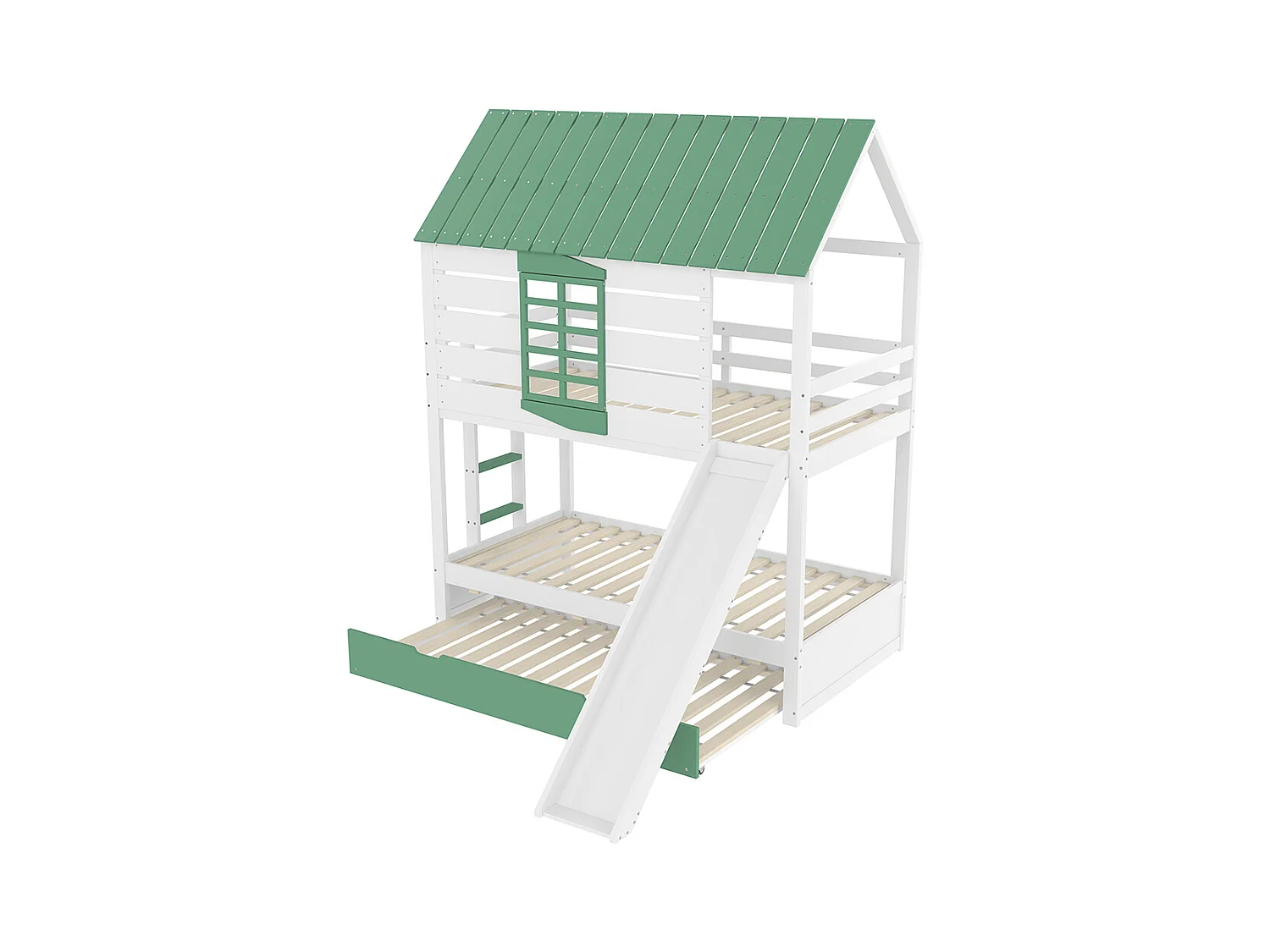 Lit mezzanine avec toboggan pour enfants, 90x200cm, blanc+vert.