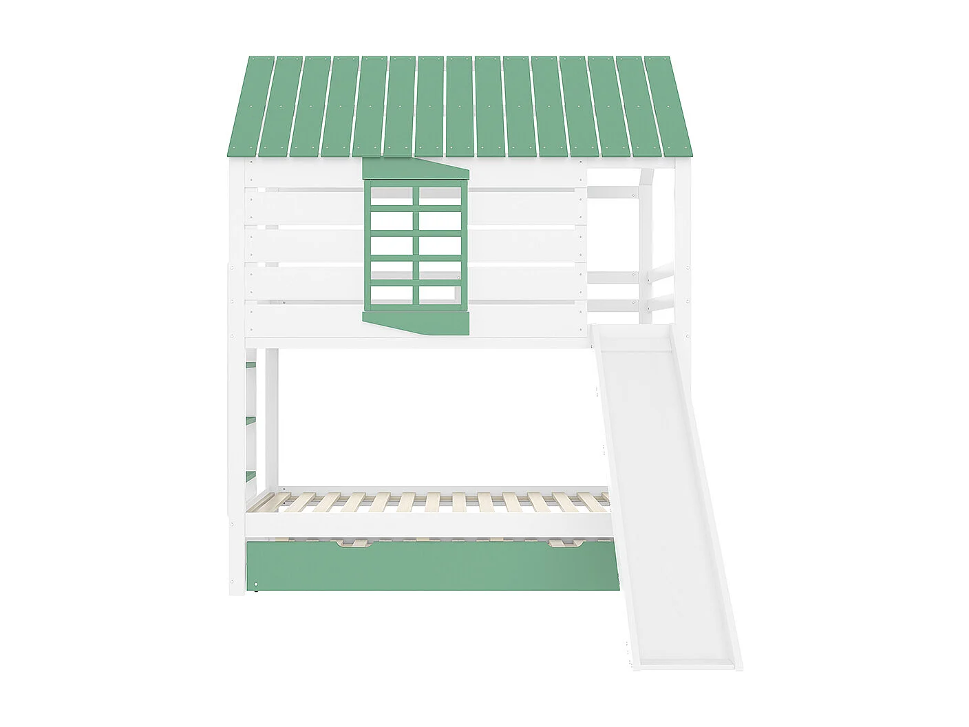 Letto a castello con scivolo per bambini, 90x201cm, bianco+verde.