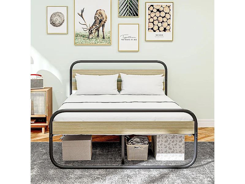 Lit double 140 x 190 cm, cadre de lit en acier style industriel, tête de lit et sommier inclus, aspect bois