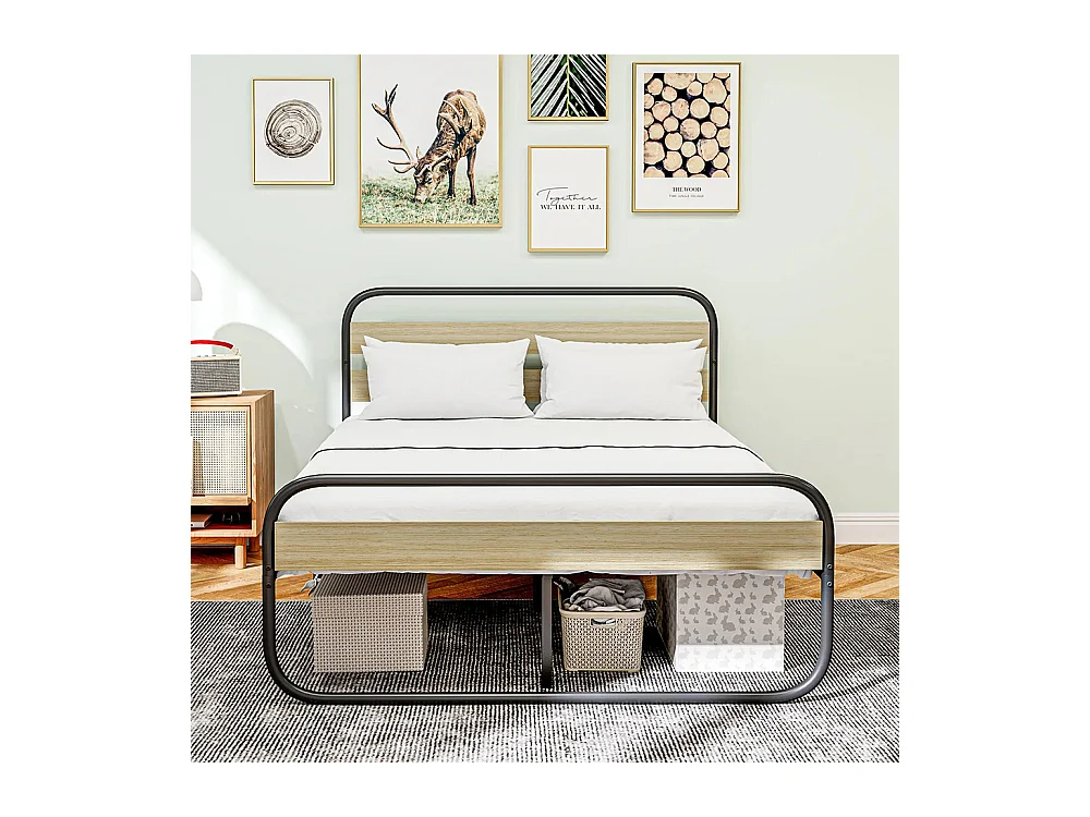 Lit double 140 x 190 cm, cadre de lit en acier style industriel, tête de lit et sommier inclus, aspect bois