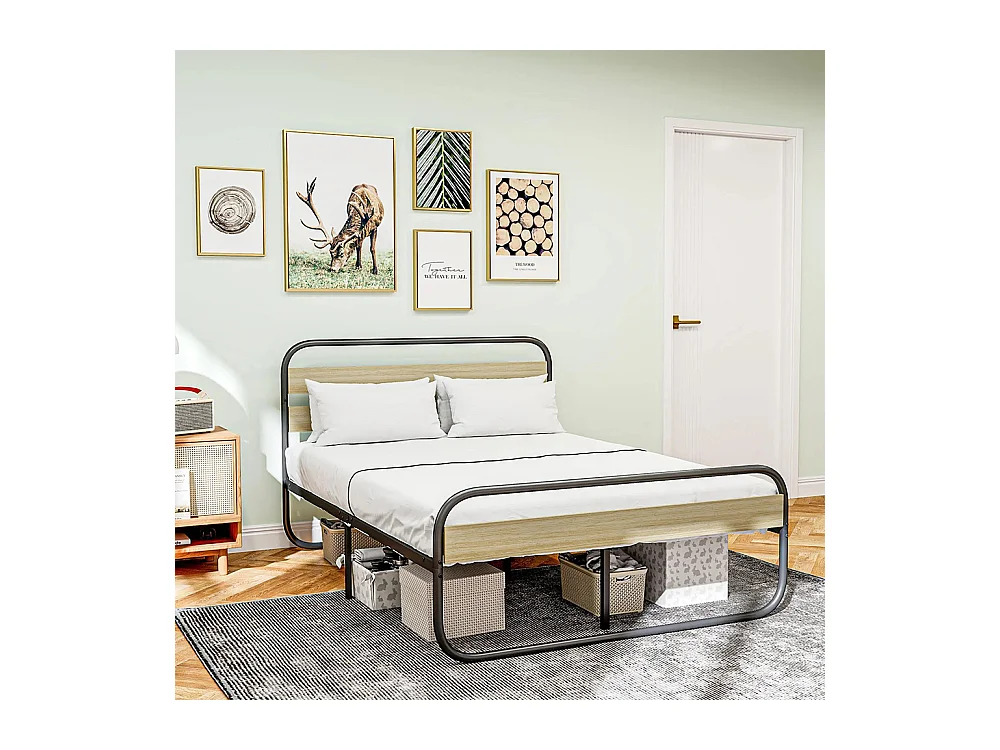 Lit double 140 x 190 cm, cadre de lit en acier style industriel, tête de lit et sommier inclus, aspect bois