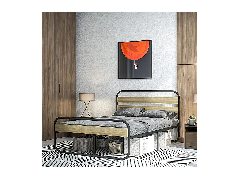 Lit double 140 x 190 cm, cadre de lit en acier style industriel, tête de lit et sommier inclus, aspect bois