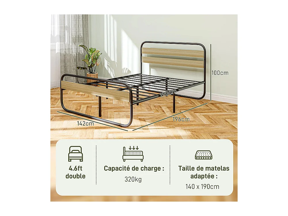 Lit double 140 x 190 cm, cadre de lit en acier style industriel, tête de lit et sommier inclus, aspect bois