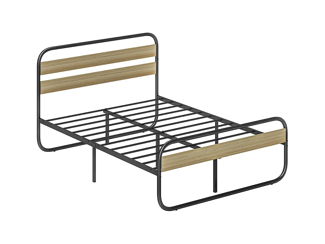 Lit double 140 x 190 cm, cadre de lit en acier style industriel, tête de lit et sommier inclus, aspect bois