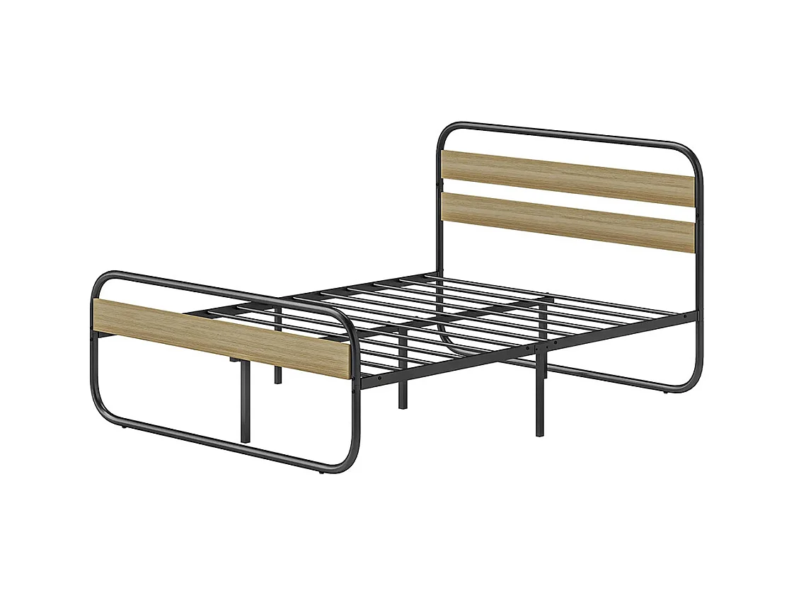 Lit double 140 x 190 cm, cadre de lit en acier style industriel, tête de lit et sommier inclus, aspect bois