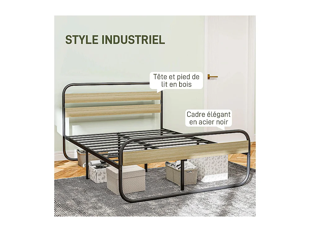 Lit double 140 x 190 cm, cadre de lit en acier style industriel, tête de lit et sommier inclus, aspect bois