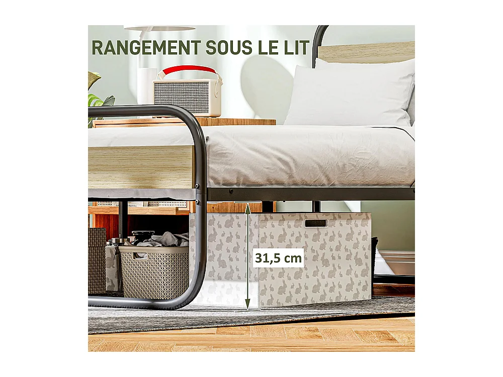 Lit double 140 x 190 cm, cadre de lit en acier style industriel, tête de lit et sommier inclus, aspect bois