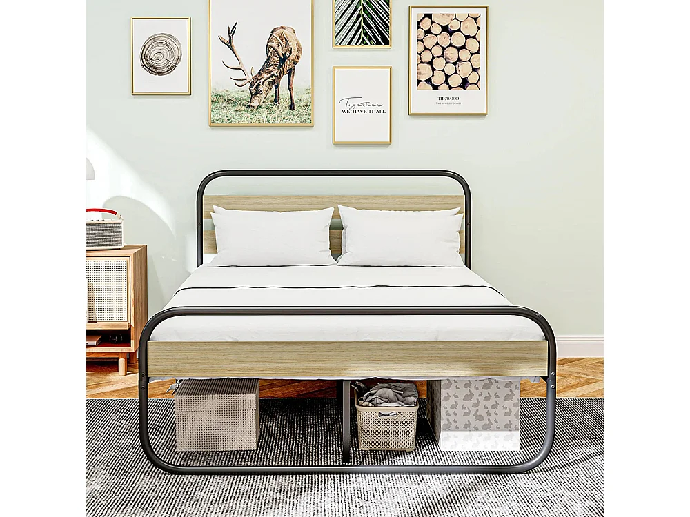 Lit double 140 x 190 cm, cadre de lit en acier style industriel, tête de lit et sommier inclus, aspect bois