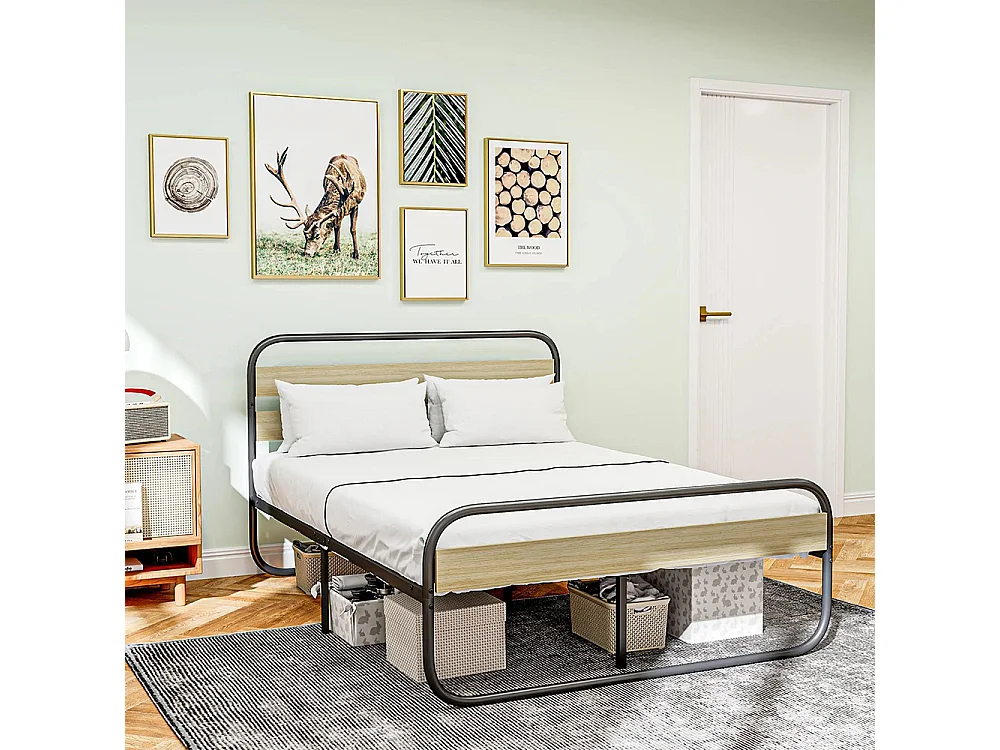 Lit double 140 x 190 cm, cadre de lit en acier style industriel, tête de lit et sommier inclus, aspect bois