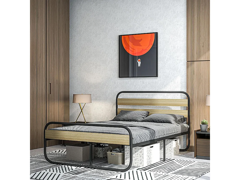 Lit double 140 x 190 cm, cadre de lit en acier style industriel, tête de lit et sommier inclus, aspect bois