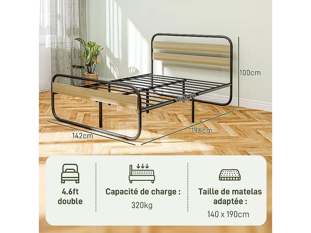 Lit double 140 x 190 cm, cadre de lit en acier style industriel, tête de lit et sommier inclus, aspect bois