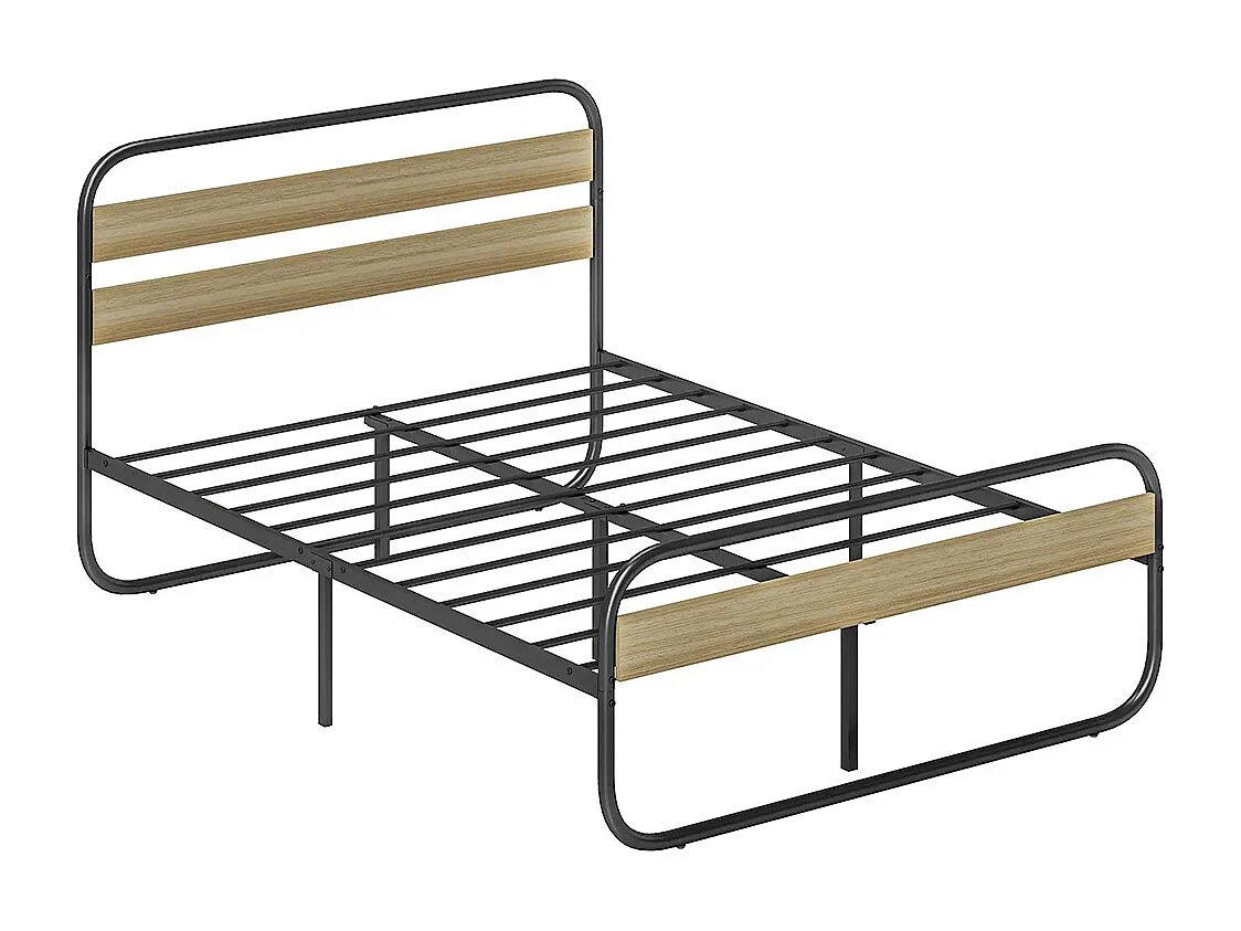 Lit double 140 x 190 cm, cadre de lit en acier style industriel, tête de lit et sommier inclus, aspect bois