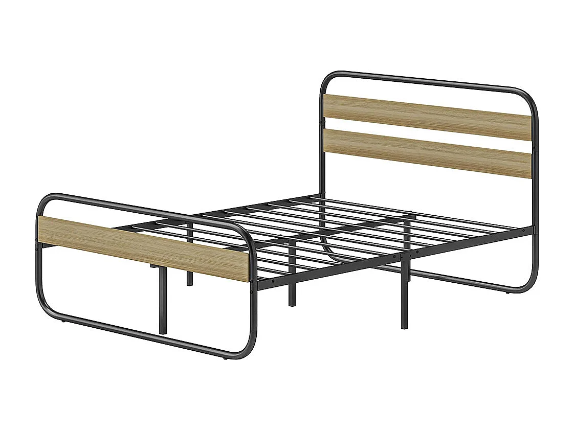 Lit double 140 x 190 cm, cadre de lit en acier style industriel, tête de lit et sommier inclus, aspect bois
