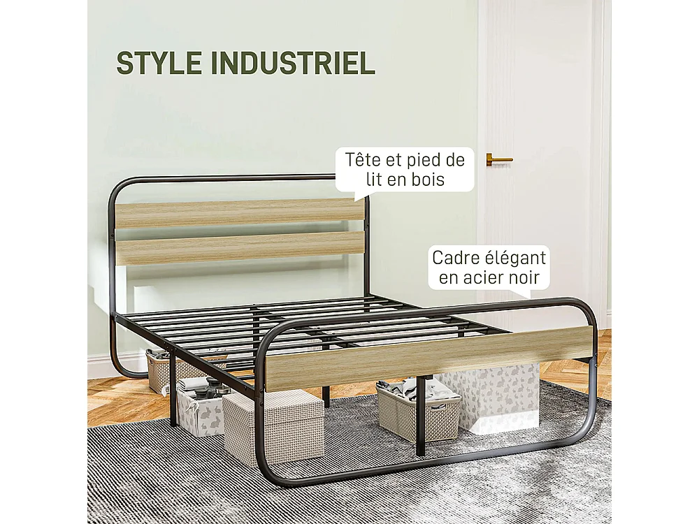 Lit double 140 x 190 cm, cadre de lit en acier style industriel, tête de lit et sommier inclus, aspect bois