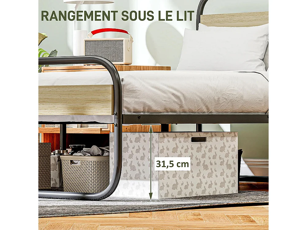 Lit double 140 x 190 cm, cadre de lit en acier style industriel, tête de lit et sommier inclus, aspect bois