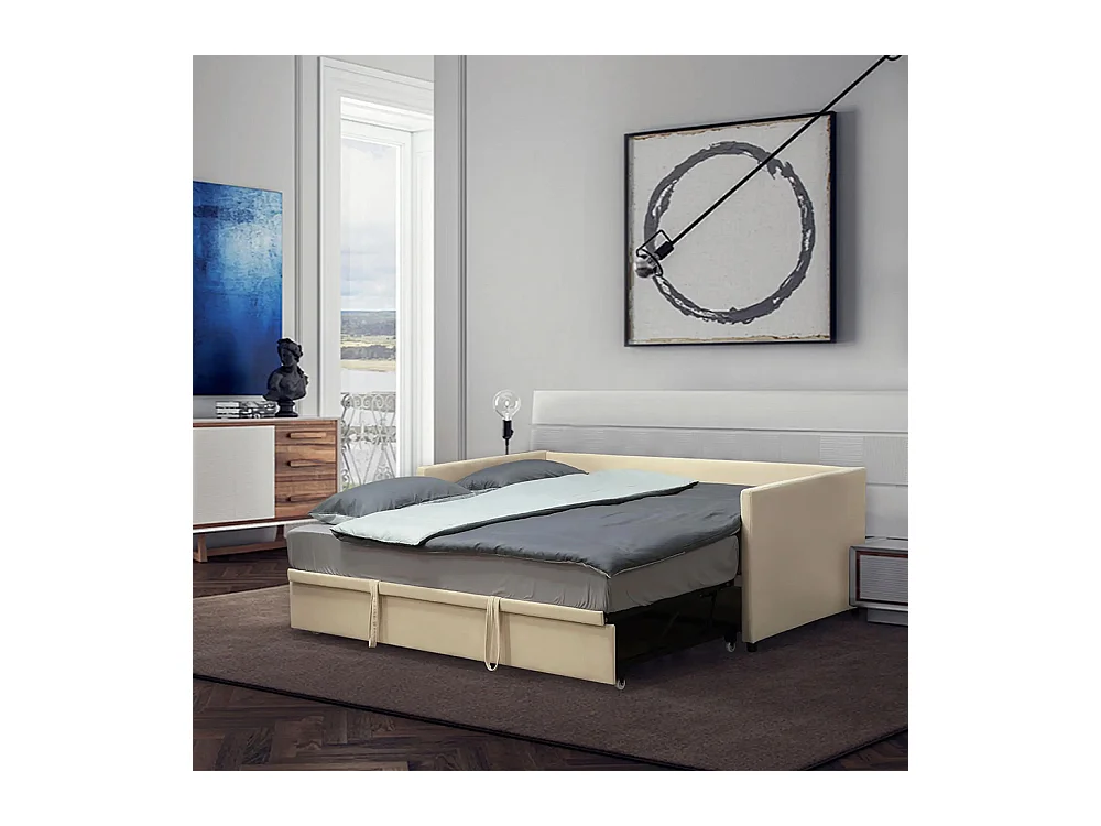 Canapé-lit 2 en 1 avec sommier 90 x 190 cm, canapé 2 places et lit double, blanc crème