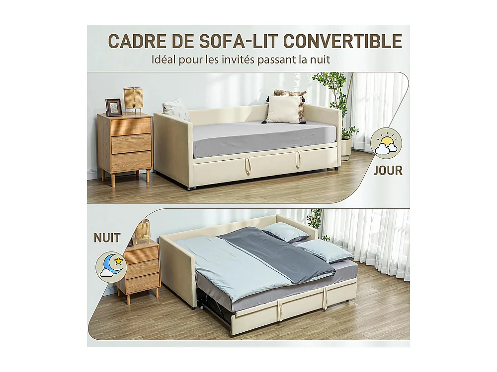 Canapé-lit 2 en 1 avec sommier 90 x 190 cm, canapé 2 places et lit double, blanc crème