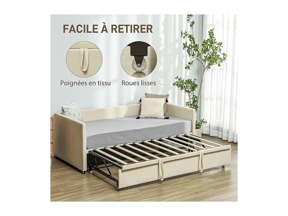 Canapé-lit 2 en 1 avec sommier 90 x 190 cm, canapé 2 places et lit double, blanc crème