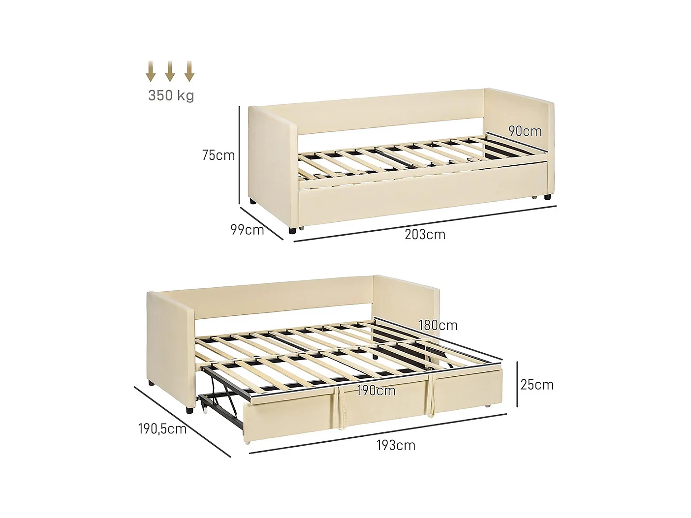 Canapé-lit 2 en 1 avec sommier 90 x 190 cm, canapé 2 places et lit double, blanc crème