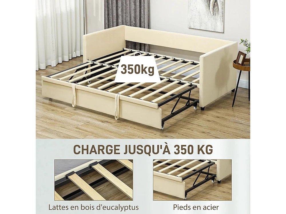 Canapé-lit 2 en 1 avec sommier 90 x 190 cm, canapé 2 places et lit double, blanc crème