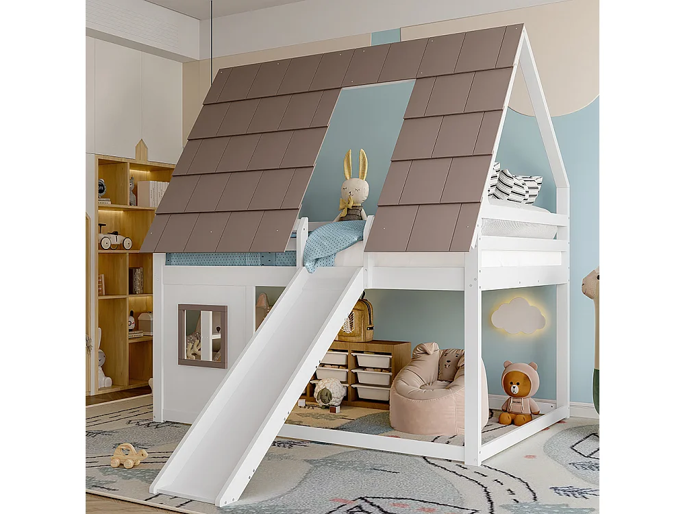 Houten stapelbed, 140x200, wit+bruin.