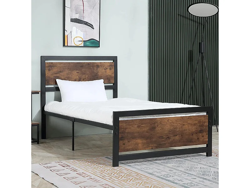 Cadre de lit simple en acier 90 x 190 cm, dimensions : 97 x 195 x 103 cm, aspect bois, noir