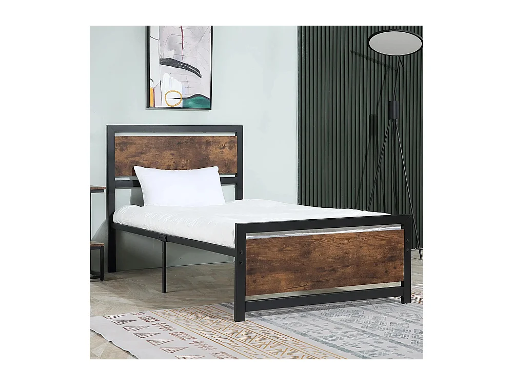 Cadre de lit simple en acier 90 x 190 cm, dimensions : 97 x 195 x 103 cm, aspect bois, noir