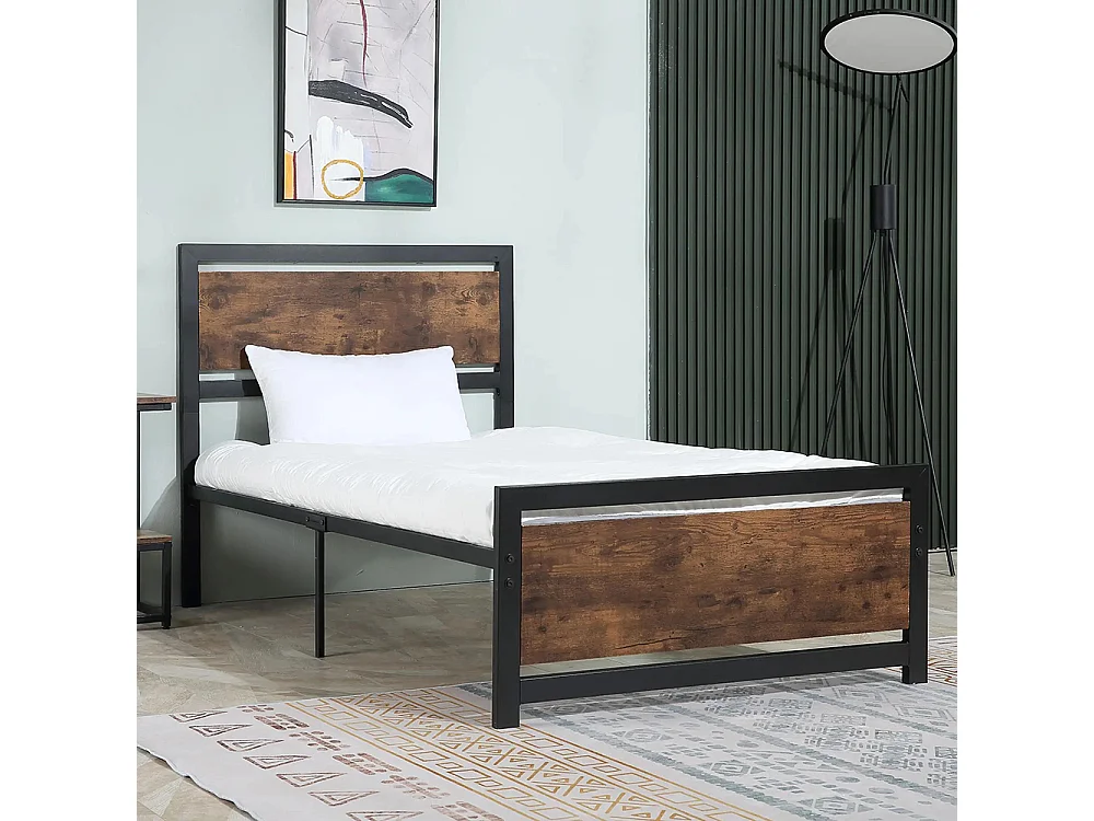 Cadre de lit simple en acier 90 x 190 cm, dimensions : 97 x 195 x 103 cm, aspect bois, noir