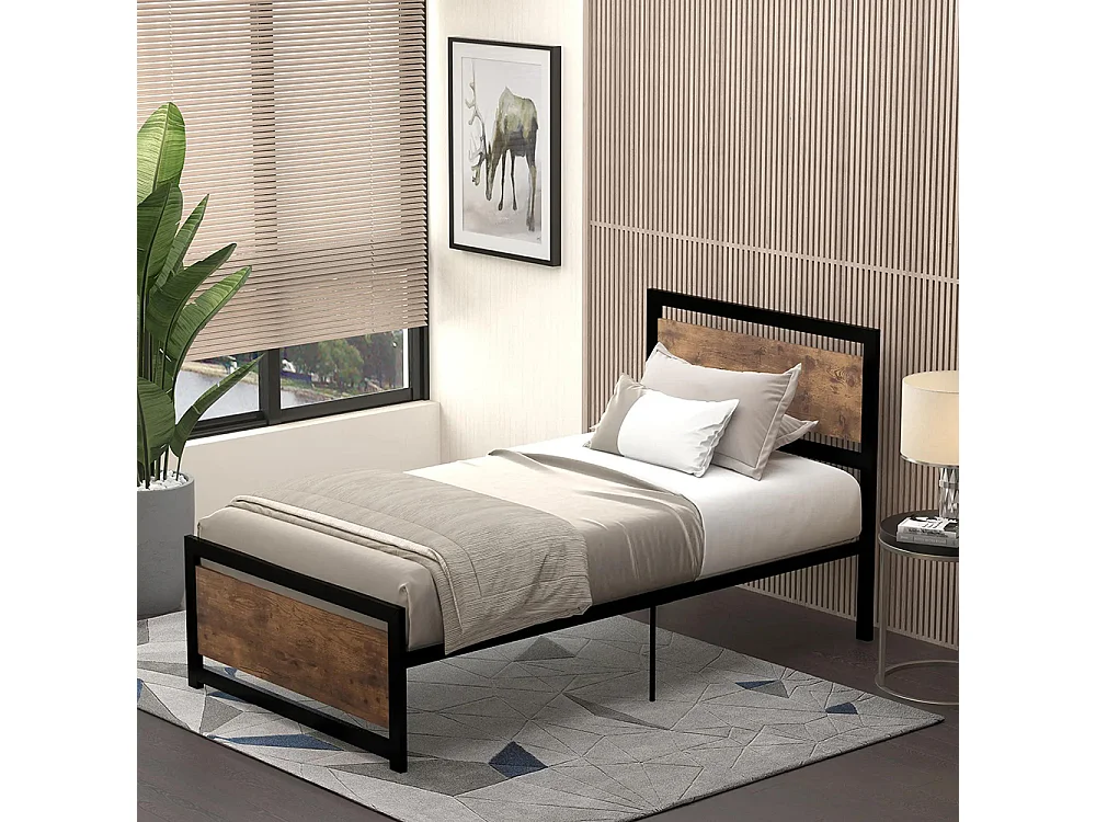 Cadre de lit simple en acier 90 x 190 cm, dimensions : 97 x 195 x 103 cm, aspect bois, noir