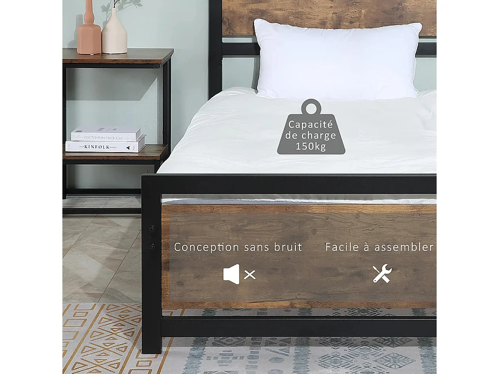 Cadre de lit simple en acier 90 x 190 cm, dimensions : 97 x 195 x 103 cm, aspect bois, noir