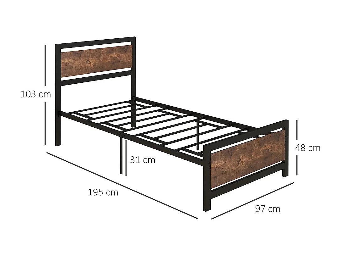 Cadre de lit simple en acier 90 x 190 cm, dimensions : 97 x 195 x 103 cm, aspect bois, noir