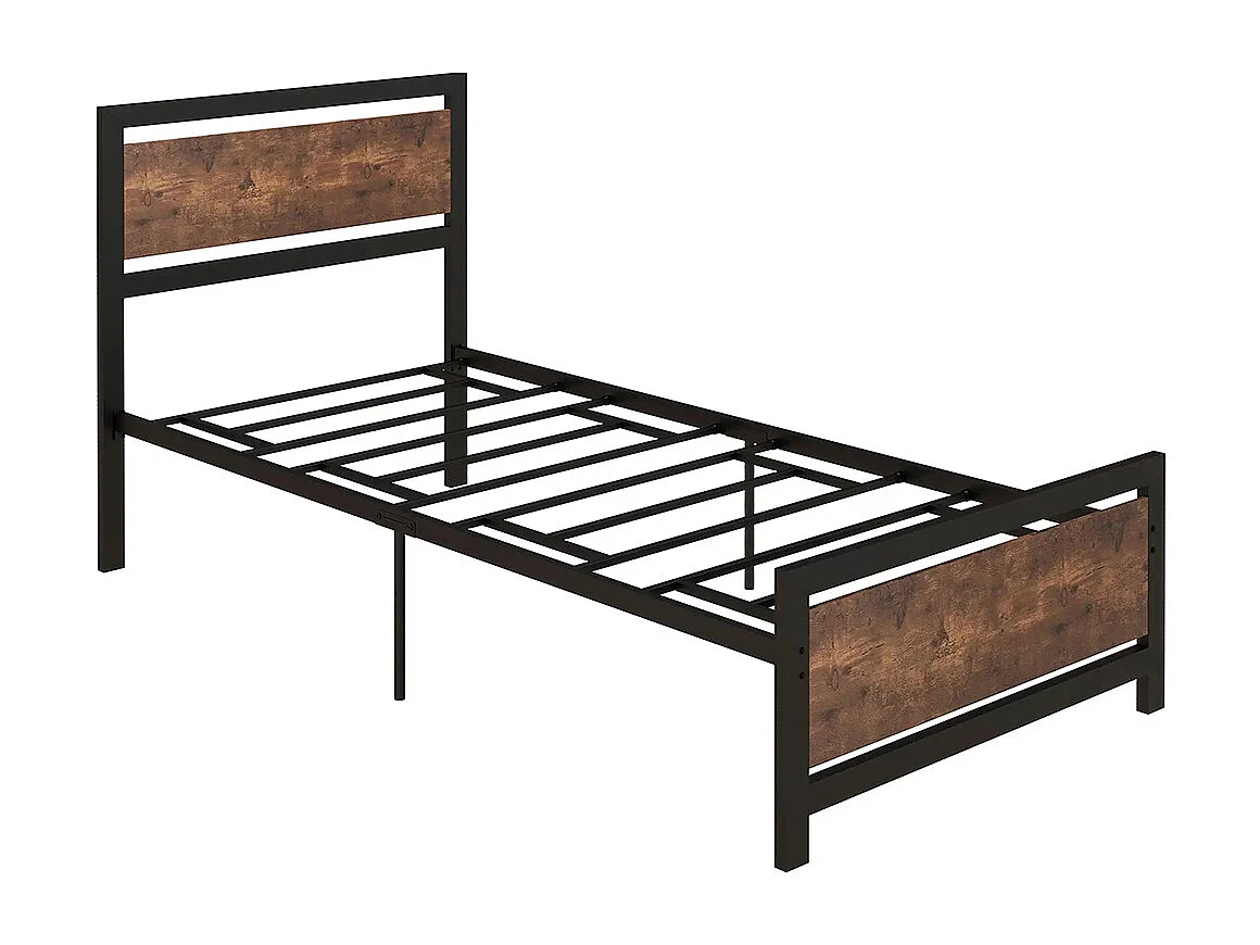 Cadre de lit simple en acier 90 x 190 cm, dimensions : 97 x 195 x 103 cm, aspect bois, noir