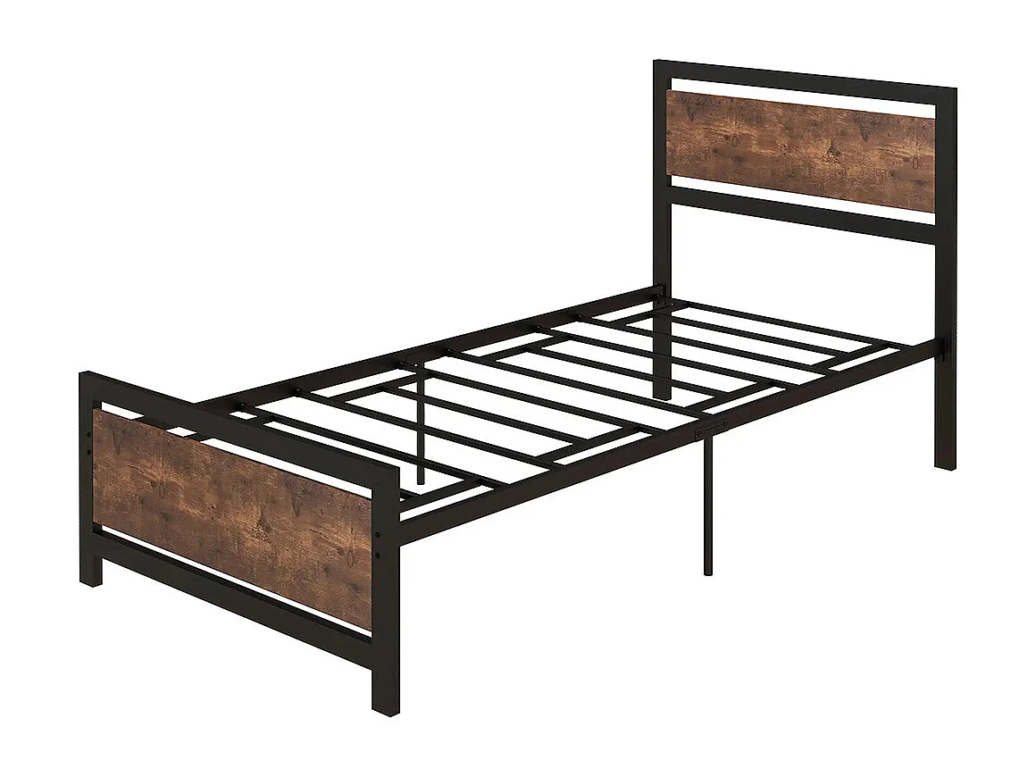 Cadre de lit simple en acier 90 x 190 cm, dimensions : 97 x 195 x 103 cm, aspect bois, noir