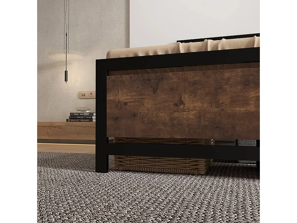Cadre de lit simple en acier 90 x 190 cm, dimensions : 97 x 195 x 103 cm, aspect bois, noir