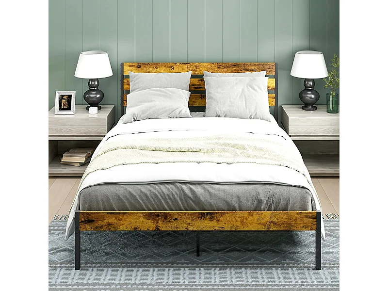 Lit double en acier 160 x 200 cm, avec sommier et tête de lit, style industriel