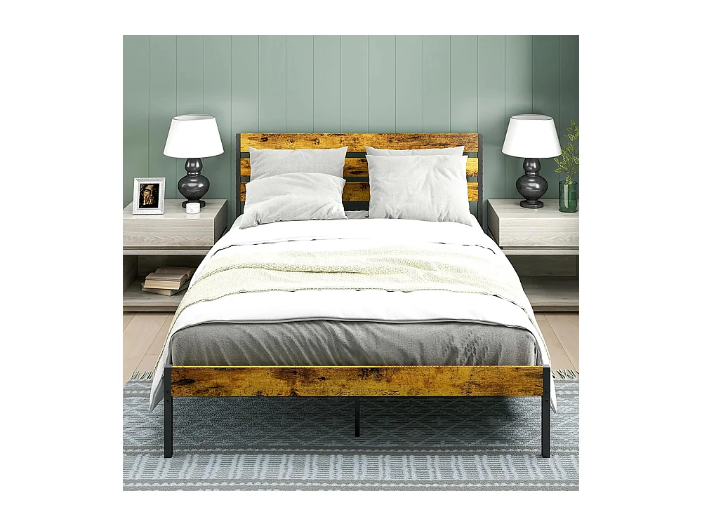 Lit double en acier 160 x 200 cm, avec sommier et tête de lit, style industriel